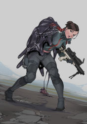 Rule 34 | 1girl, bipod, blue eyes, breasts, brown hair, bullpup, earrings, fanny pack, full body, gloves, gun, highres, holding, holding gun, holding weapon, jewelry, long hair, medium breasts, monster, original, outdoors, pouch, scope, short ponytail, slime (substance), standing, thigh pouch, weapon, zerogravitas