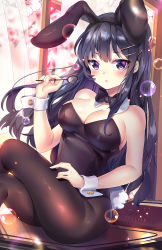 Rule 34 | 1girl, animal ears, artist name, bare arms, bare shoulders, black bow, black bowtie, black hair, black hairband, black leotard, black pantyhose, blurry, blush, bow, bowtie, breasts, bubble, bubble pipe, cherry blossoms, cleavage, closed mouth, crossed legs, curtains, day, depth of field, desk, detached collar, fake animal ears, female focus, fine fabric emphasis, floating hair, hair ornament, hairband, hairclip, hand up, highres, indoors, large breasts, leotard, long hair, looking at viewer, neck, on desk, pantyhose, playboy bunny, purple eyes, rabbit ears, rabbit tail, sakurajima mai, seishun buta yarou, sidelocks, sitting, solo, squchan, strapless, strapless leotard, tail, window, wrist cuffs