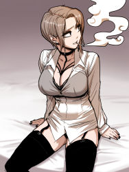 Rule 34 | 1girl, absurdres, beige background, black thighhighs, breasts, cigarette, garter straps, gigle, highres, light brown hair, looking to the side, mole, mole under eye, original, shirt, short hair, simple background, smoking, solo, thighhighs, white shirt