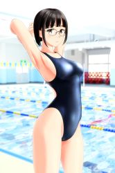 Rule 34 | 1girl, absurdres, armpits, arms behind head, bench, black hair, black one-piece swimsuit, blunt bangs, brown eyes, commentary request, competition swimsuit, cowboy shot, glasses, highres, indoors, lane line, one-piece swimsuit, original, pool, short hair, solo, standing, swimsuit, takafumi