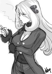 Rule 34 | 1girl, absurdres, arm under breasts, breast hold, breasts, cellphone, chouku tetsushitsuiwa, cigarette, cleavage, closed mouth, coat, cowboy shot, creatures (company), cynthia (pokemon), eyes visible through hair, fingernails, fur collar, fur trim, game freak, greyscale, hair ornament, hair over one eye, highres, holding, holding phone, large breasts, long hair, long sleeves, looking at phone, monochrome, nintendo, pants, phone, pokemon, pokemon dppt, shirt, signature, simple background, sketch, smoke, smoking, solo, twitter username, white background