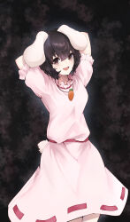 Rule 34 | 1girl, :d, absurdres, animal ears, black hair, breasts, brown eyes, carrot necklace, cowboy shot, dark background, dress, floppy ears, hair between eyes, highres, inaba tewi, jewelry, looking at viewer, lower teeth only, necklace, open mouth, pink dress, puffy short sleeves, puffy sleeves, purple eyes, rabbit ears, rabbit tail, short hair, short sleeves, simple background, small breasts, smile, solo, tail, teeth, touhou, yagoro kusuriya