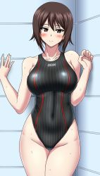 Rule 34 | 1girl, arena (company), black one-piece swimsuit, brand name imitation, brown eyes, brown hair, commentary request, competition swimsuit, girls und panzer, highleg, highleg swimsuit, highres, looking at viewer, muchabou, nishizumi maho, one-piece swimsuit, short hair, solo, striped clothes, striped one-piece swimsuit, swimsuit, thigh gap