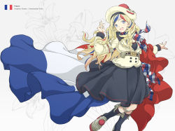Rule 34 | 10s, 1girl, aka ringo, anchor hair ornament, belt, beret, blonde hair, blue eyes, blue hair, breasts, buttons, cleavage, commandant teste (kancolle), double-breasted, dress, france, french flag, hair ornament, hat, highres, jacket, kantai collection, long hair, looking at viewer, matching hair/eyes, multicolored hair, open mouth, platform footwear, pom pom (clothes), red hair, scarf, seaplane tender, socks, solo, streaked hair