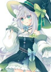 Rule 34 | 1girl, :q, ahoge, animal ear fluff, animal ears, bare shoulders, blue bow, blue choker, blush, bow, braid, breasts, choker, closed mouth, collarbone, commentary request, criss-cross halter, detached sleeves, dress, eyes visible through hair, frilled dress, frills, green bow, green eyes, green hat, grey hair, hair between eyes, hair intakes, hair ornament, hairclip, halterneck, hand up, hat, hat bow, long hair, long sleeves, original, puffy long sleeves, puffy sleeves, simple background, small breasts, smile, solo, takase kanan, tongue, tongue out, very long hair, white background, white sleeves