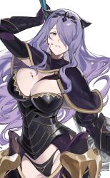 Rule 34 | 1girl, armor, axe, battle axe, black armor, black panties, blood, blood on face, boots, breasts, camilla (fire emblem), cleavage, fake horns, faulds, fire emblem, fire emblem fates, gauntlets, groin, hair over one eye, hashibiro kou (garapiko p), highres, holding, holding axe, horns, large breasts, long hair, nintendo, panties, purple eyes, purple hair, simple background, solo, swept bangs, tiara, underwear, weapon, white background