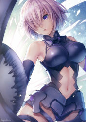 Rule 34 | 1girl, armor, armored dress, artist name, backlighting, breasts, clothing cutout, commentary request, cowboy shot, elbow gloves, fate/grand order, fate (series), faulds, gloves, glowing, hagino kouta, hair over one eye, halterneck, highres, holding, holding shield, large breasts, legs apart, leotard, light purple hair, looking at viewer, mash kyrielight, navel, navel cutout, one eye covered, parted lips, purple eyes, shield, short hair, skin tight, solo, standing, thigh strap, thighs