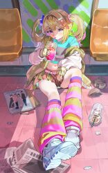 Rule 34 | 1girl, blonde hair, blue shirt, commentary, cup, disposable cup, drinking straw, drinking straw in mouth, hair ornament, hairclip, highres, jacket, leg warmers, light particles, long sleeves, looking at viewer, midriff, miniskirt, multicolored clothes, multicolored legwear, navel, newspaper, nik ibi, off shoulder, on ground, orange skirt, original, pink eyes, shade, shirt, short sleeves, short twintails, sitting, skirt, sleeves past wrists, solo, sparkle, star (symbol), star hair ornament, sunlight, train station, twintails, white footwear, white jacket