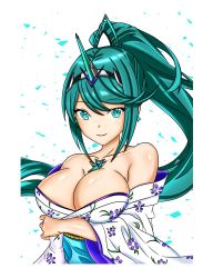 Rule 34 | 1girl, aqua eyes, aqua hair, arm under breasts, bare shoulders, breasts, cleavage, collarbone, diamond earrings, earrings, fenrirvancross, floral print, hair ornament, headband, highres, japanese clothes, jewelry, kimono, large breasts, long hair, looking at viewer, new year, nintendo, pneuma (xenoblade), ponytail, purple kimono, smile, solo, spoilers, white background, white kimono, xenoblade chronicles (series), xenoblade chronicles 2