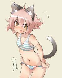 Rule 34 | 1girl, ^^^, animal ears, arrow (projectile), bikini, bikini pull, blush, cat ears, cat tail, clothes pull, d:, fang, navel, open mouth, pink hair, simple background, solo, striped bikini, striped clothes, swimsuit, tail, tomcat (moconeko), undressing, yellow background, yellow eyes