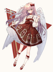 Rule 34 | 1girl, angel wings, artist name, beige background, blush, bow, center frills, clenched hand, commentary request, crossed bangs, dress, feathered wings, frilled shirt collar, frilled sleeves, frilled socks, frills, full body, hair between eyes, hair bow, hand up, highres, kneehighs, lolita fashion, long hair, long sleeves, looking at viewer, original, outline, petticoat, pinafore dress, pink hair, print dress, red bow, red dress, red footwear, ribbon trim, shirt, shoes, skirt hold, sleeveless dress, socks, solo, watermark, white outline, white shirt, white socks, wings, yellow eyes, yuzhi