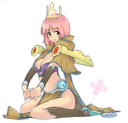 Rule 34 | 1girl, amami amayu, breasts, cleavage, large breasts, lipstick, loincloth, makeup, midriff, pelvic curtain, pink hair, ragnarok online, red eyes, sage (ragnarok online), short hair, simple background, sitting, smile, socks, solo, striped clothes, striped socks, thighs, vertical-striped clothes, vertical-striped socks, wariza, white background
