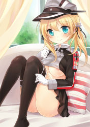 Rule 34 | 10s, 1girl, anchor hair ornament, aqua eyes, areola slip, black thighhighs, blonde hair, blush, breasts, clothes lift, couch, curtains, gloves, hair ornament, hat, kantai collection, long hair, looking at viewer, nikoo, peaked cap, prinz eugen (kancolle), shirt lift, sitting, smile, solo, thighhighs, twintails, underboob, window