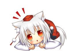 Rule 34 | 1girl, :o, all fours, animal ears, bare shoulders, blush, detached sleeves, hat, hestia (neko itachi), inubashiri momiji, looking at viewer, open mouth, orange eyes, parted lips, pom pom (clothes), red skirt, shirt, short hair, silver hair, simple background, skirt, solo, tail, tokin hat, touhou, white background, wolf ears, wolf tail