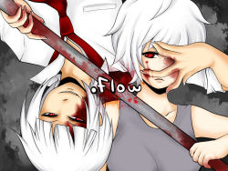 Rule 34 | .flow, 1boy, 1girl, album cover, blood, copyright name, cover, hand on another&#039;s face, kaibutsu, lead pipe, looking at viewer, necktie, oboro (lovevaria), red eyes, rotational symmetry, sabitsuki, school uniform, short hair, white hair
