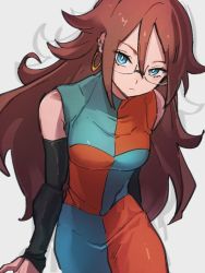 Rule 34 | 1girl, android 21, blue eyes, breasts, checkered clothes, checkered dress, dragon ball, dragon ball fighterz, dress, glasses, grey background, hair between eyes, kemachiku, looking at viewer, medium breasts, red hair, solo