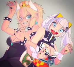 Rule 34 | 2girls, aqua eyes, armlet, bare shoulders, black collar, black dress, black nails, blonde hair, blunt bangs, bowsette, bracelet, breasts, claw pose, cleavage, cleavage cutout, clothing cutout, collar, crossover, crown, dress, e503com, earrings, gradient background, grey background, hair ornament, hairclip, high collar, horns, jewelry, kaguya luna, large breasts, long hair, looking at viewer, mario (series), multicolored nails, multiple girls, nail polish, new super mario bros. u deluxe, nintendo, open mouth, pointy ears, ponytail, ribbon, sash, sharp teeth, sleeveless, sleeveless dress, spiked armlet, spiked bracelet, spiked collar, spiked shell, spikes, strapless, strapless dress, striped nails, super crown, teeth, the moon studio, turtle shell, virtual youtuber, white hair, white ribbon, wrist ribbon, x hair ornament, yellow nails