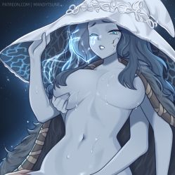 Rule 34 | 1boy, 1girl, absurdres, alternate breast size, blue eyes, blue hair, blue skin, breasts, cloak, colored skin, commentary, elden ring, english commentary, extra arms, fur cloak, hair over breasts, hand on own chest, hat, hetero, highres, large breasts, large hat, long hair, mandytsune, navel, nipples, nude, one eye closed, out-of-frame censoring, parted lips, patreon username, ranni the witch, sex, sweat, white headwear, witch hat
