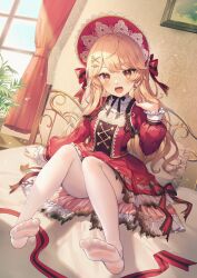 Rule 34 | 1girl, absurdres, bed, blonde hair, blush, bonnet, burnt clothes, dress, earrings, feet, foot focus, frilled dress, frills, hair ornament, hairclip, highres, indie virtual youtuber, jewelry, kikugetsu, kira kirari, lolita fashion, long hair, long sleeves, open mouth, pantyhose, red dress, sitting, smile, solo, virtual youtuber, white pantyhose, yellow eyes
