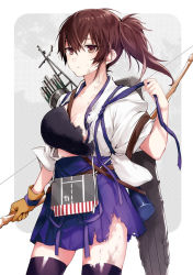Rule 34 | 10s, 1girl, arisaka ako, arrow (projectile), bad id, bad pixiv id, bow (weapon), breasts, brown eyes, brown hair, cleavage, gloves, japanese clothes, kaga (kancolle), kantai collection, long hair, muneate, ponytail, side ponytail, single glove, skirt, solo, tasuki, thighhighs, torn clothes, untying, weapon, zettai ryouiki