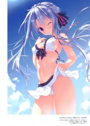 Rule 34 | 1girl, ;), absurdres, bare shoulders, bikini, bikini skirt, black ribbon, blue sky, blush, breasts, cleavage, closed mouth, clothes lift, cloud, cloudy sky, cowboy shot, day, floating hair, hair between eyes, hair ornament, hair ribbon, highres, lifted by self, long hair, looking at viewer, medium breasts, miniskirt, navel, one eye closed, outdoors, purple eyes, red ribbon, ribbon, ryouka (suzuya), scan, shiny skin, silver hair, simple background, skirt, skirt hold, skirt lift, sky, smile, solo, sorakado ao, standing, summer pockets, sunlight, swimsuit, thighs, underboob, very long hair, white bikini, white skirt