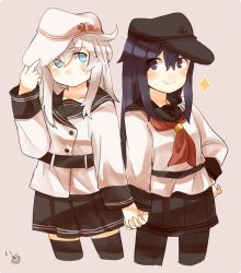 Rule 34 | 2girls, adjusting clothes, adjusting headwear, akatsuki (kancolle), anchor symbol, artist name, belt, black hat, black legwear, black skirt, blue eyes, blush, buttons, closed mouth, collarbone, cowboy shot, flat cap, hair between eyes, hammer and sickle, hand on own hip, hat, hibiki (kancolle), holding hands, ina (1813576), interlocked fingers, jacket, kantai collection, long hair, long sleeves, looking at another, multiple girls, neckerchief, pantyhose, pleated skirt, purple eyes, purple hair, red neckerchief, remodel (kantai collection), school uniform, serafuku, simple background, skirt, smile, sparkle, star (symbol), thighhighs, verniy (kancolle), white hair, white hat, white jacket