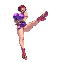 Rule 34 | 1girl, armband, blush, boots, bracelet, breasts, cameltoe, choker, dress, gimmerung, gloves, guardians (denjin makai 2), high heels, huge breasts, jewelry, kicking, lipstick, makeup, panties, purple dress, red hair, red panties, smile, thick thighs, thighs, underwear, whip