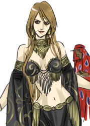 Rule 34 | 1990s (style), 1boy, 1girl, barbariccia, bikini, breasts, brown eyes, brown hair, detached sleeves, final fantasy, final fantasy iv, jewelry, kareji, loincloth, long hair, lots of jewelry, midriff, necklace, retro artstyle, rubicante, simple background, solo, swimsuit, very long hair