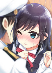 Rule 34 | 1boy, 1girl, admiral (kancolle), asashio (kancolle), black dress, black hair, blue eyes, blush, collared shirt, commentary request, dress, fingernails, hands up, hat, jacket, k hiro, kantai collection, long hair, long sleeves, military hat, military jacket, nose blush, one eye closed, parted lips, peaked cap, pinafore dress, shirt, sleeveless, sleeveless dress, sweat, white hat, white jacket, white shirt, wooden wall