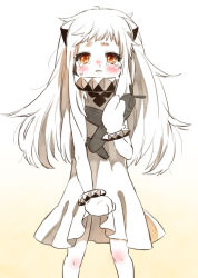 Rule 34 | 10s, 1girl, abyssal ship, aircraft, airplane, bad id, bad pixiv id, blush, brown eyes, crying, crying with eyes open, dress, horns, jakey, kantai collection, long hair, mittens, northern ocean princess, solo, tears, white hair
