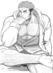 Rule 34 | 1boy, abs, arm hair, bara, chest hair, cross scar, elbow rest, facial hair, foot out of frame, greyscale, hairy, harada (basashi), hood, hooded jacket, houzouin oniwaka, jacket, large pectorals, leg hair, long sideburns, male focus, mature male, monochrome, muscular, muscular male, open clothes, open jacket, pectoral cleavage, pectorals, scar, scar on face, scar on forehead, short hair, sideburns, solo, stubble, sweatdrop, thick eyebrows, thick thighs, thighs, tokyo houkago summoners, undercut