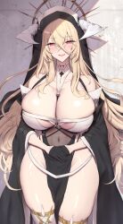 Rule 34 | 1girl, :d, absurdres, azur lane, between breasts, black gloves, black robe, blonde hair, breasts, covered navel, detached sleeves, gloves, groin, habit, hair between eyes, highres, horns, implacable (azur lane), large breasts, long bangs, long hair, open mouth, pelvic curtain, red eyes, robe, shiroshisu, skindentation, smile, solo, thighhighs, thighs, veil, very long hair, white thighhighs, wide hips, wide sleeves