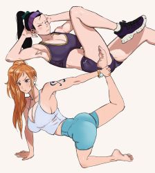 Rule 34 | 2girls, absurdres, ankle hold, armpits, arms behind head, ass, barefoot, black hair, blush, bracelet, breasts, brown hair, cleavage, closed eyes, exercising, feet, female focus, gym shorts, headband, highres, jewelry, joy boy, large breasts, long hair, lying, multiple girls, nami (one piece), nico robin, on back, one piece, orange hair, ponytail, shoes, shorts, side ponytail, sit-up, sneakers, stretching, sweat, tattoo, toes, white background