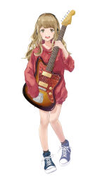 Rule 34 | 1girl, absurdres, ao ao konno, brown eyes, cross-laced footwear, electric guitar, fender jazzmaster, full body, guitar, headphones, highres, holding, holding instrument, instrument, light brown hair, looking at viewer, original, shoes, simple background, sleeves past fingers, sleeves past wrists, smile, sneakers, socks, solo, standing, white background