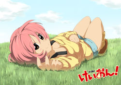 Rule 34 | 1girl, absurdres, brown eyes, dodome-iro mayonnaise, downblouse, grass, highres, k-on!, long hair, lying, miura akane, parody, pink hair, ponytail, shorts, solo, sweater
