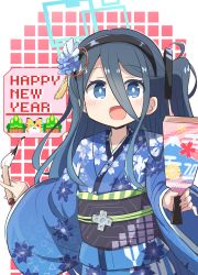 Rule 34 | 1girl, :d, absurdres, aris (blue archive), black hair, black hairband, blue archive, blue eyes, blue flower, blue kimono, blush, calligraphy brush, commentary request, floral print, flower, guriin, hagoita, hair between eyes, hair flower, hair ornament, hairband, hanetsuki, happy new year, highres, holding, holding paintbrush, japanese clothes, kimono, long hair, long hair between eyes, new year, obi, one side up, open mouth, paddle, paintbrush, print kimono, sash, smile, solo, very long hair, white flower