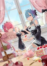 Rule 34 | 2girls, absurdres, blue eyes, blue hair, blue sky, blush, bodiedwile, breasts, cake, cake slice, chewing, cleavage, commentary, cup, dessert, detached sleeves, eating, english commentary, eyes visible through hair, female focus, food, fork, frilled sleeves, frills, fruit, hair ornament, hair over one eye, hair ribbon, head on pillow, highres, holding, holding fork, kneeling, looking at viewer, lying, macaron, maid, maid headdress, matching hair/eyes, medium breasts, multiple girls, on stomach, pillow, pink eyes, pink hair, pink ribbon, purple ribbon, ram (re:zero), re:zero kara hajimeru isekai seikatsu, rem (re:zero), ribbon, ribbon-trimmed clothes, ribbon trim, roswaal mansion maid uniform, short hair, siblings, sisters, sky, smile, strawberry, sweets, tea, teacup, teapot, thighhighs, twins, x hair ornament