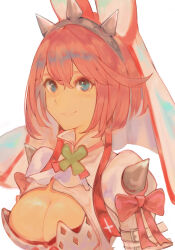 Rule 34 | 1girl, ahoge, animal ears, blue eyes, blush, bow, bracelet, breasts, bridal veil, cleavage, cleavage cutout, closed mouth, clothing cutout, clover, dress, elphelt valentine, fake animal ears, four-leaf clover, guilty gear, guilty gear xrd, hair between eyes, hairband, highres, huge ahoge, jewelry, large breasts, levvellevvel, looking at viewer, pink bow, pink hair, pink ribbon, rabbit ears, ribbon, short hair, simple background, solo, spiked hairband, spikes, upper body, veil, wedding dress, white background