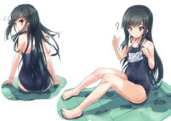 Rule 34 | 10s, 1girl, ?, adjusting clothes, adjusting swimsuit, alternate costume, arm support, asashio (kancolle), ass, bare arms, bare legs, barefoot, black hair, blue eyes, blue one-piece swimsuit, character name, checkered floor, clothes pull, competition school swimsuit, covered navel, from behind, full body, kantai collection, long hair, looking at viewer, looking down, moonstar, multiple views, name tag, one-piece swimsuit, one-piece swimsuit pull, school swimsuit, sitting, spoken question mark, swimsuit, thighs, wet, wet clothes, wet swimsuit
