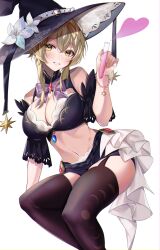 Rule 34 | 1girl, absurdres, alternate costume, bare shoulders, black hat, black shorts, black thighhighs, blonde hair, blush, bracelet, breasts, feet out of frame, flower, genshin impact, hat, hat flower, hat ornament, heart, highres, holding, jewelry, large breasts, large hat, looking at viewer, lumine (genshin impact), medium hair, navel, parted lips, shorts, simple background, smile, solo, teeth, thighhighs, thighs, white background, witch hat, yellow eyes, yoshitoki (kisshin)