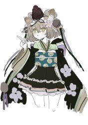 Rule 34 | 1girl, :&lt;, animal ear fluff, animal ears, back bow, bare legs, bity3155660241, black kimono, black ribbon, black sleeves, blue sash, bow, brown hair, closed mouth, commentary, cropped legs, eyelashes, floral print, flower, frilled kimono, frills, green eyes, green shirt, hair between eyes, hair flower, hair ornament, hair ribbon, japanese clothes, kimono, light blush, long sleeves, looking ahead, obi, off shoulder, original, pinecone, pointing, purple bow, purple flower, purple ribbon, ribbon, sash, shirt, short hair, short kimono, simple background, sketch, sleeves past wrists, solo, squirrel ears, white background, white ribbon, wide sleeves