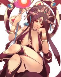 Rule 34 | 1girl, bare shoulders, black hair, braid, brave frontier, breasts, breasts apart, brown hair, chain, circlet, covered erect nipples, crossed legs, crown, eyeshadow, female pubic hair, forehead jewel, french braid, garter straps, gem, hair bun, head rest, head tilt, holding, holding weapon, jewelry, large areolae, large breasts, lilly matah, long hair, looking at viewer, makeup, orange eyes, parted bangs, pubic hair, red eyes, sagging breasts, sidelocks, simple background, single hair bun, smile, solo, staff, thick thighs, thighhighs, thighs, uncensored, weapon