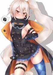 Rule 34 | 1girl, ahoge, argyle, argyle clothes, argyle legwear, asymmetrical legwear, black gloves, black jacket, black shirt, blue skirt, blue thighhighs, blush, breasts, brown eyes, clenched teeth, commentary request, girls&#039; frontline, gloves, goggles, goggles around neck, hair between eyes, hair ornament, hair scrunchie, highres, jacket, light brown hair, long hair, long sleeves, looking at viewer, medium breasts, miniskirt, off shoulder, open clothes, open jacket, orange scrunchie, paravene, parted lips, pkp (girls&#039; frontline), pleated skirt, scrunchie, shadow, shirt, side ponytail, sidelocks, signature, single thighhigh, skirt, sleeveless, sleeveless shirt, solo, spoken squiggle, squiggle, teeth, thick eyebrows, thigh strap, thighhighs, tsurime, uneven legwear, very long hair, white background