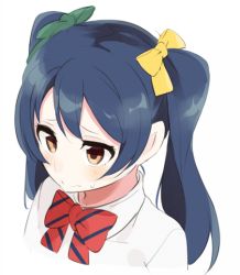 Rule 34 | 1girl, bad id, bad pixiv id, blue hair, blush, closed mouth, commentary request, green ribbon, hair between eyes, hair ornament, hair ribbon, long hair, love live!, love live! school idol project, otonokizaka school uniform, ribbon, school uniform, simple background, solo, sonoda umi, totoki86, twintails, two side up, upper body, white background, yellow eyes, yellow ribbon