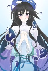 Rule 34 | 1girl, artist request, black hair, blue background, blue cape, blue eyes, blush, breasts, cape, gradient background, hair between eyes, highres, houshin engi, large breasts, long hair, looking at viewer, own hands clasped, own hands together, ryuukitsu koushu, simple background, smile, solo, upper body