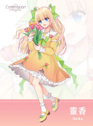 Rule 34 | 1girl, :d, ahoge, blonde hair, blue eyes, bobby socks, bow, commentary request, copyright request, dress, flower, frilled dress, frills, green bow, hair bow, head tilt, high heels, highres, hitsuki rei, holding, holding flower, layered sleeves, long hair, long sleeves, multicolored hair, open mouth, orange flower, pink flower, pink hair, puffy long sleeves, puffy sleeves, shoes, short over long sleeves, short sleeves, sleeves past wrists, smile, socks, solo, standing, standing on one leg, streaked hair, tulip hat, very long hair, virtual youtuber, yellow dress, yellow footwear, zoom layer