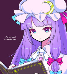 Rule 34 | blue bow, blue ribbon, blunt bangs, book, bow, character name, closed mouth, collared dress, crescent, crescent hat ornament, dress, hair bow, hair ribbon, hat, hat ornament, hat ribbon, holding, holding book, kumeri0804, long hair, mob cap, patchouli knowledge, pink bow, pink dress, pink ribbon, purple background, purple eyes, purple hair, reading, ribbon, sidelocks, simple background, touhou, upper body, very long hair, white ribbon