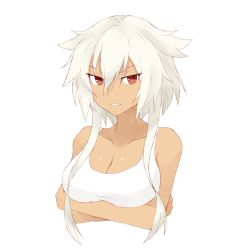 Rule 34 | 10s, 1girl, bad id, bad twitter id, bare shoulders, breast hold, breasts, cleavage, crossed arms, dark-skinned female, dark skin, female focus, hair down, kantai collection, large breasts, looking at viewer, musashi (kancolle), parted lips, red eyes, shigino sohuzi, short hair with long locks, simple background, solo, sports bra, upper body, white background, white hair