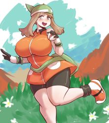Rule 34 | 1girl, artist name, bandana, bare shoulders, bike shorts, blue eyes, blue sky, blush, breasts, brown hair, cloud, creatures (company), curvy, day, fanny pack, female focus, flower, game freak, gloves, grass, green headwear, highres, holding, holding poke ball, huge breasts, large breasts, leg up, may (pokemon), nintendo, open mouth, orange footwear, orange shirt, outdoors, pinkkoffin, poke ball, pokemon, pokemon emerald, pokemon rse, premier ball, shirt, shoes, sky, sleeveless, sleeveless shirt, smile, sneakers, solo, standing, standing on one leg, thick thighs, thighs, watermark, white flower, white gloves, wide hips