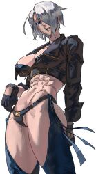 Rule 34 | 1girl, abs, angel (kof), arm behind back, ass, backless pants, black bra, black gloves, black jacket, blue eyes, bra, breasts, chaps, cleavage, cowboy shot, crop top, cropped jacket, fingerless gloves, gloves, grin, groin, hair over one eye, highres, jacket, large breasts, leather, leather jacket, long sleeves, looking at viewer, midriff, muscular, muscular female, navel, obliques, panties, pants, short hair, smile, snk, solo, syachiiro, the king of fighters, the king of fighters xiv, thick thighs, thighs, toned, underwear, white hair